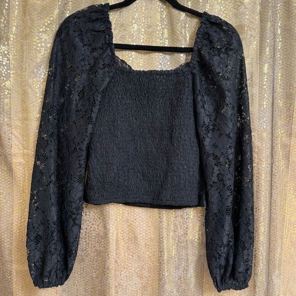 Express Black Sheer Lace Balloon Sleeve Cropped Sweetheart Top Small NWT - Picture 2 of 11
